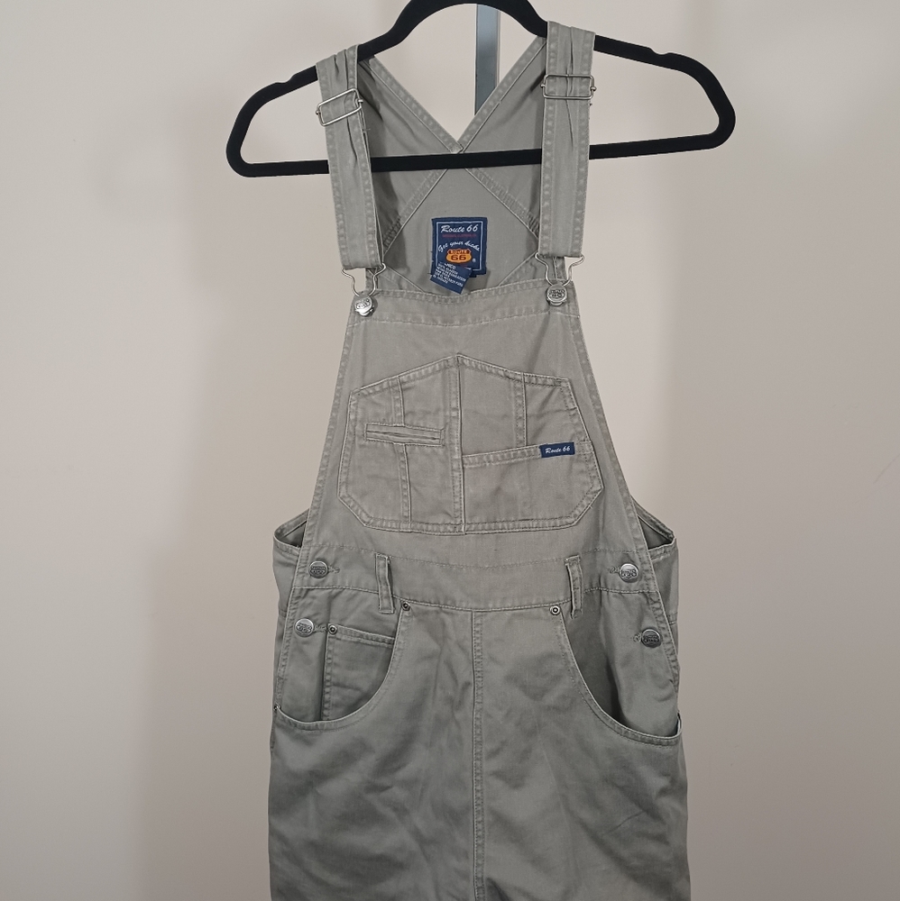 Vintage Route 66 Large Bib Overalls Shorts Dark Khaki Denim Women Small USED.